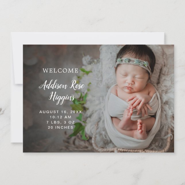 Elegant Modern Simple Photo Newborn Girl Birth Meddelande (Framsida)