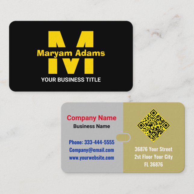 Elegant Modern (Skanna QR-kod) Monogram Svart Guld Visitkort (Fram/baksida)