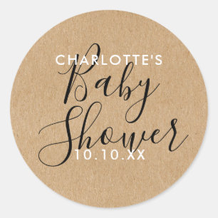 Elegant Modern Skrift Baby Shower Rustik Kraft Runt Klistermärke