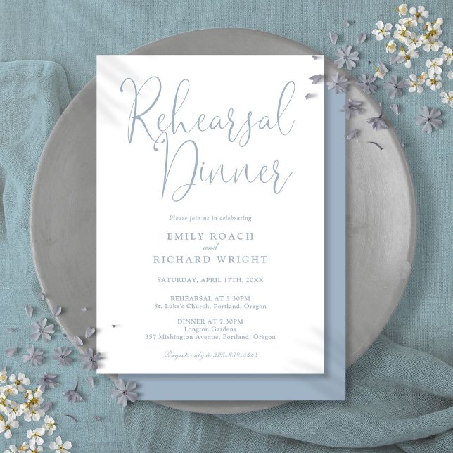 Elegant modern skrift dammig blå repetitionsmiddag inbjudningar (Elegant Modern Script Dusty Blue Rehearsal Dinner Invitation)