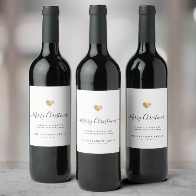 Elegant modern skrift guld hjärta God Jul Vinflaska Etikett (Skapare uppladdad)