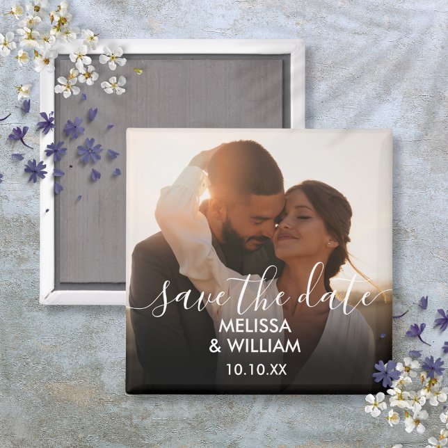 Elegant Modern Skript Bröllop Spara Datum Foto Magnet (Elegant Modern Script Wedding Save The Date Photo Magnet)