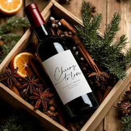 Elegant Modern skript "Cheers to Kärlek" Bröllop W Vinflaska Etikett