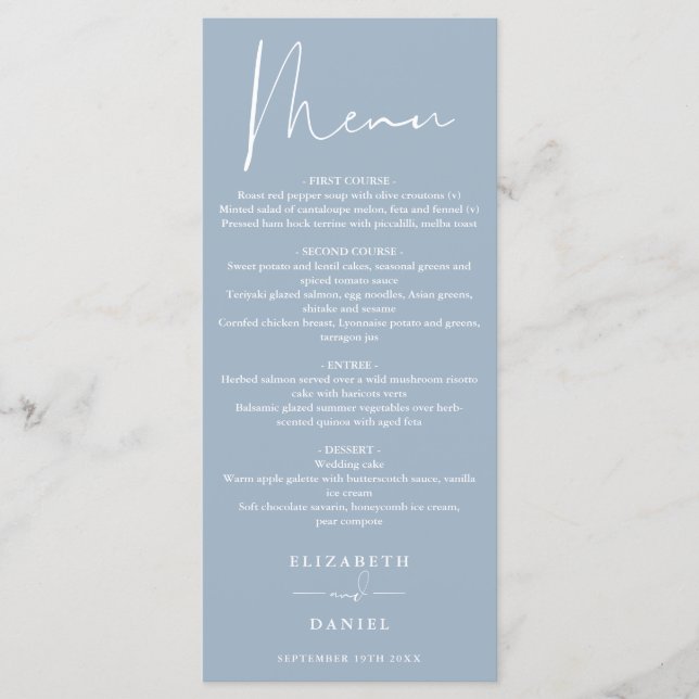 Elegant modern skript dammig blå bröllopsmiddag meny (Framsida)