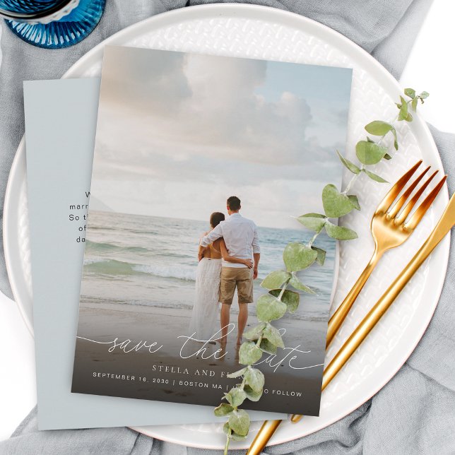 Elegant Modern Skript Foto Bröllop Spara Datum Datumet (Elegant Modern Script Photo Wedding Save The Date Card)