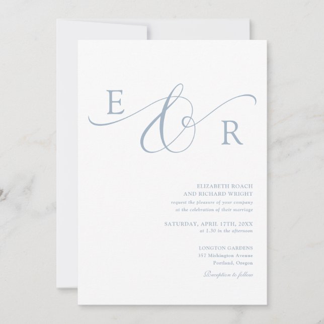 Elegant modern skript monogram dammig blå bröllop inbjudningar (Framsida)