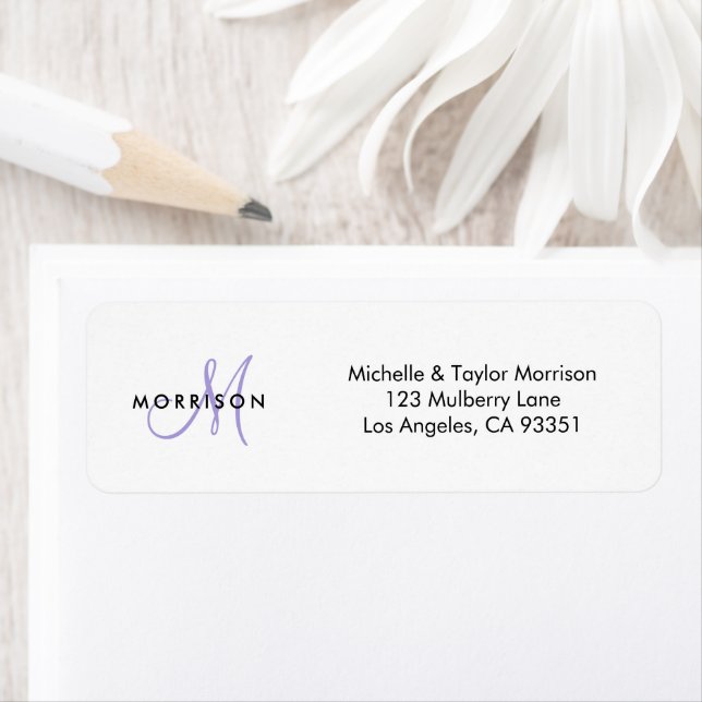 Elegant Modern Skript Monogram Lavendel Adress Returadress Etikett (Insitu)