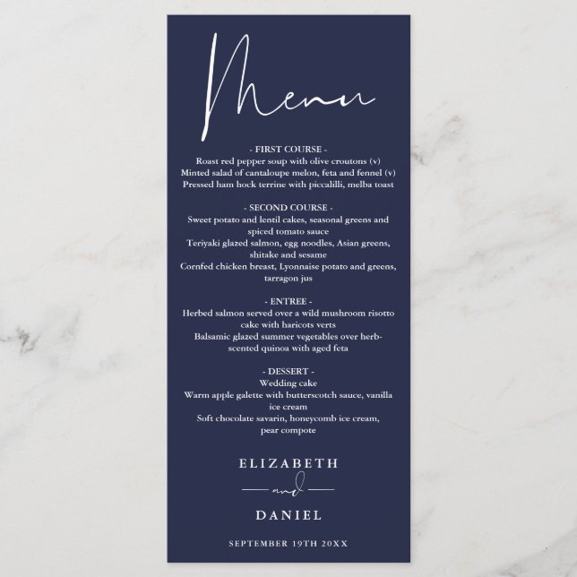 Elegant modern skript Navy Blue bröllopsmiddag Meny (Framsida)