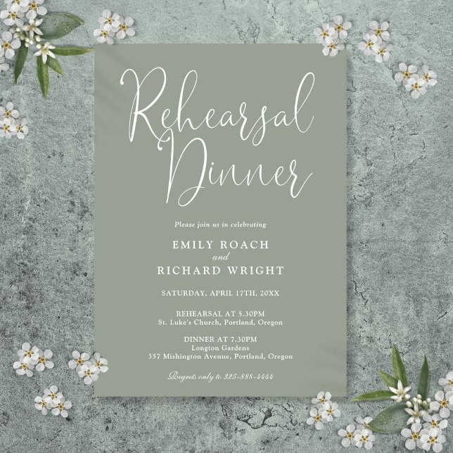 Elegant modern skript Salvia grön repetitionsmidda Inbjudningar (Elegant Modern Script Sage Green Rehearsal Dinner Invitation)