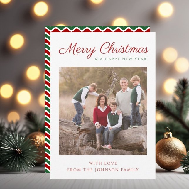 Elegant Modern skript - stripe julfoto Julkort (Elegant Modern Script Striped Christmas Photo Holiday Card)