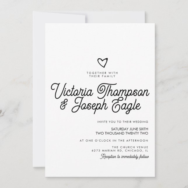 Elegant Modern Skript Virvlande Svart Vitt Bröllop Inbjudningar (Framsida)