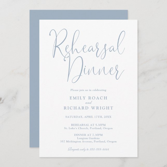 Elegant Modern skriptdyster blå repetitionsmiddag Inbjudningar (Fram/baksida)
