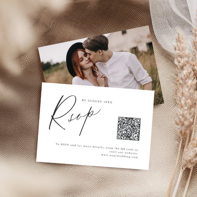 Elegant modern skriptminimalistisk QR-kod för bröl OSA Kort (Elegant modern script minimalist wedding QR code RSVP Card)