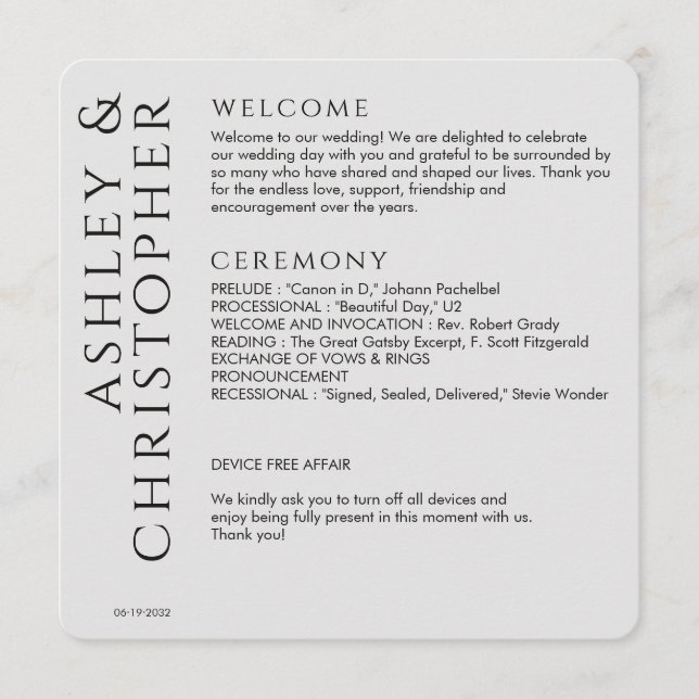 Elegant Modern Smoke Black Bröllop Program (Framsida)