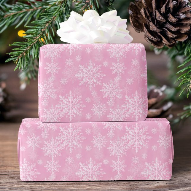Elegant Modern Snowflake Mönster Rosa jul Presentpapper (Elegant Modern Snowflake Pattern Pink Christmas Wrapping Paper)