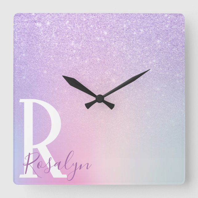 Elegant, modern snyggt, gigantisk lila glitter fyrkantig klocka (Framsida)