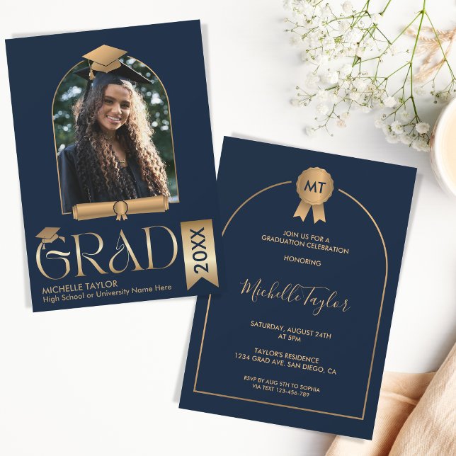 Elegant Modern Snyggt Photo Guld Navy Studenten Inbjudningar (Skapare uppladdad)