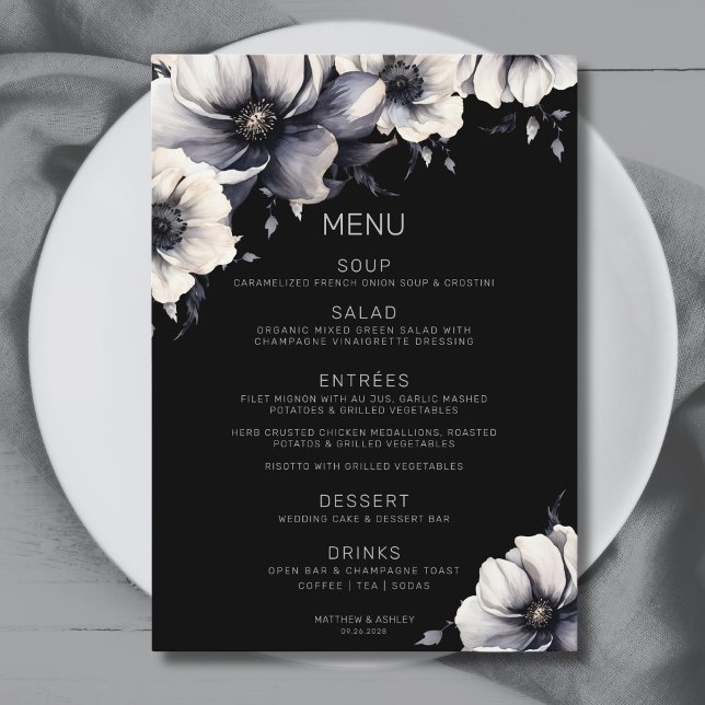 Elegant Modern Svart Anemon Blommig Bröllop Meny (Elegant Black Floral Wedding Menu)