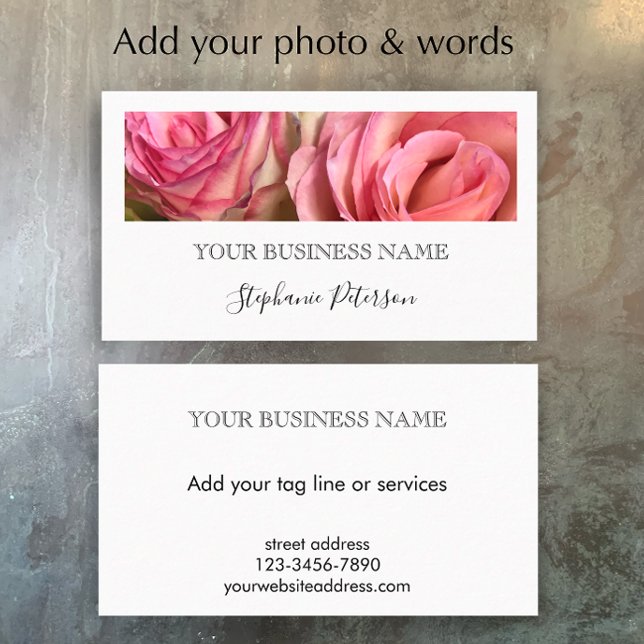 Elegant modern svart anpassningsbar blommig fotoma visitkort (Customize this simple elegant business card template. Photo template black and white script.
)