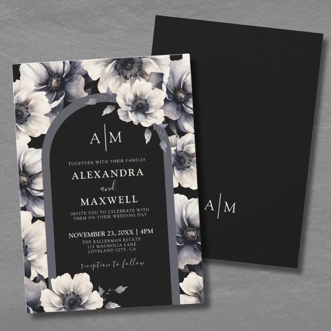 Elegant Modern Svart Blommig Bröllop Inbjudningar (Elegant Modern Black Floral Wedding Invitation)