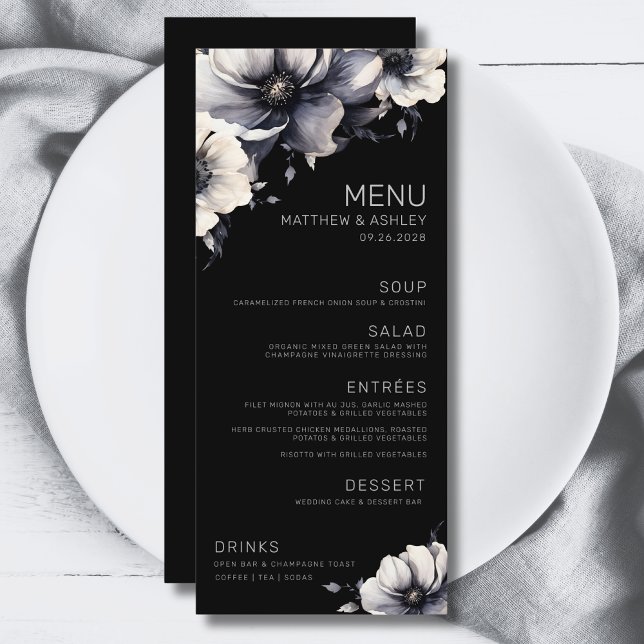 Elegant Modern Svart Blommig Bröllop Meny (Simple Elegant Modern Floral Black White Wedding Menu)
