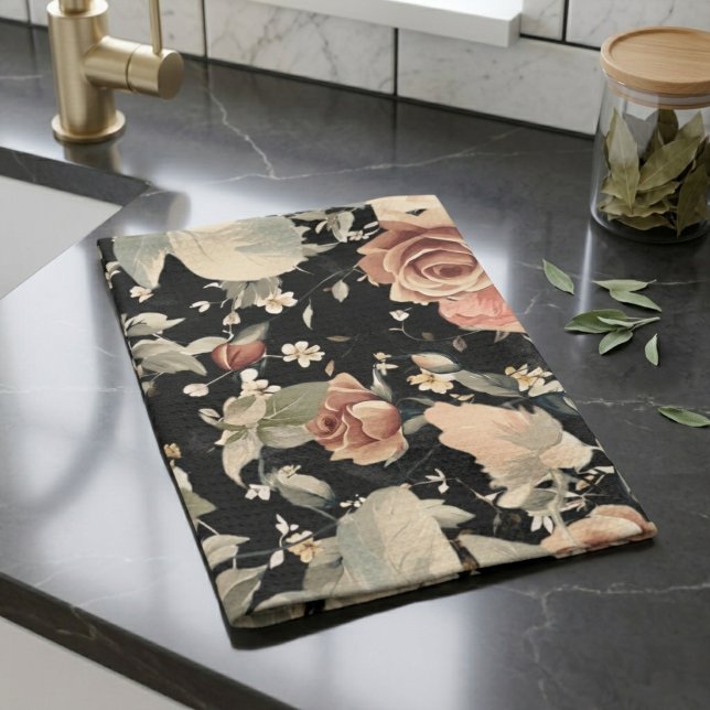 Elegant Modern Svart Blommönster Kökshandduk (Skapare uppladdad)