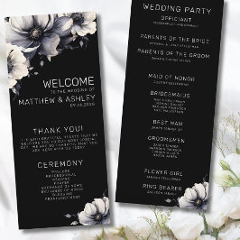 Elegant modern svart blomsterbröllop program