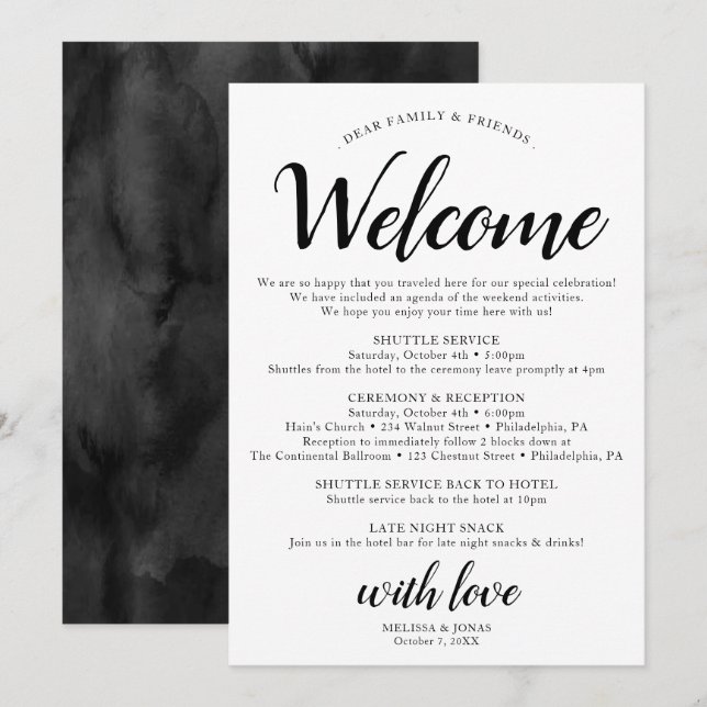 Elegant Modern Svart Bröllops Itinerary Program  (Fram/baksida)