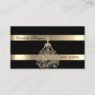 Elegant modern, svart, guld glitterklänning, randi visitkort