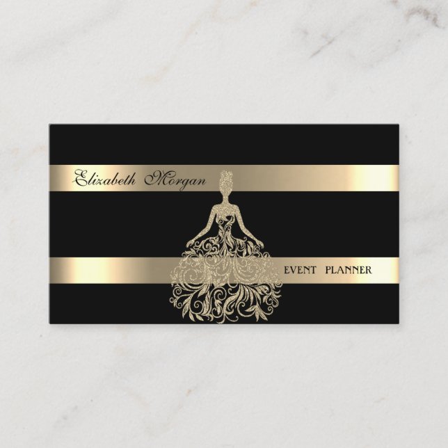 Elegant modern, svart, guld glitterklänning, randi visitkort (Framsida)
