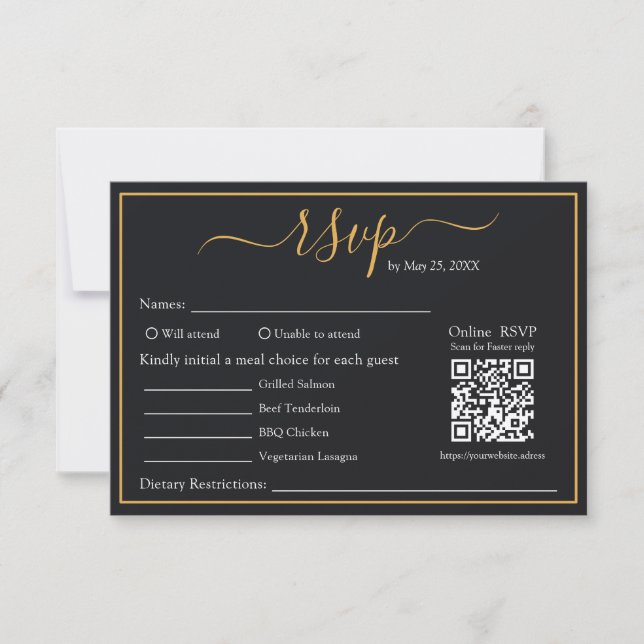 Elegant Modern Svart & Guld Kant QR-kod RSVP OSA Kort (Framsida)