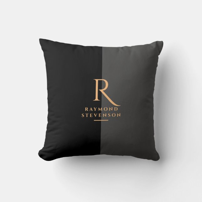 Elegant Modern Svart Guld Monogram Kudde (Framsida)