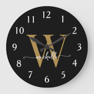 Elegant Modern Svart Guld Monogram Namnskrift Stor Klocka