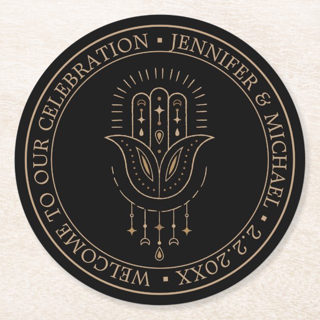 elegant modern svart guld mystisk bröllop underlägg papper rund (Framsidan)