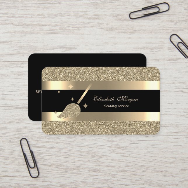 Elegant Modern, Svart Guld Randig Glitter Kvast Visitkort (Fram/Back In Situ)