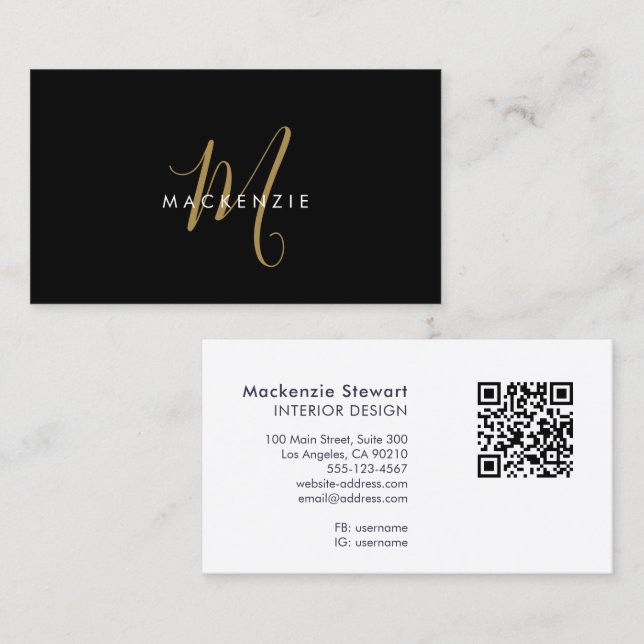 Elegant Modern Svart Guld Script Monogram QR-kod Visitkort (Fram/baksida)