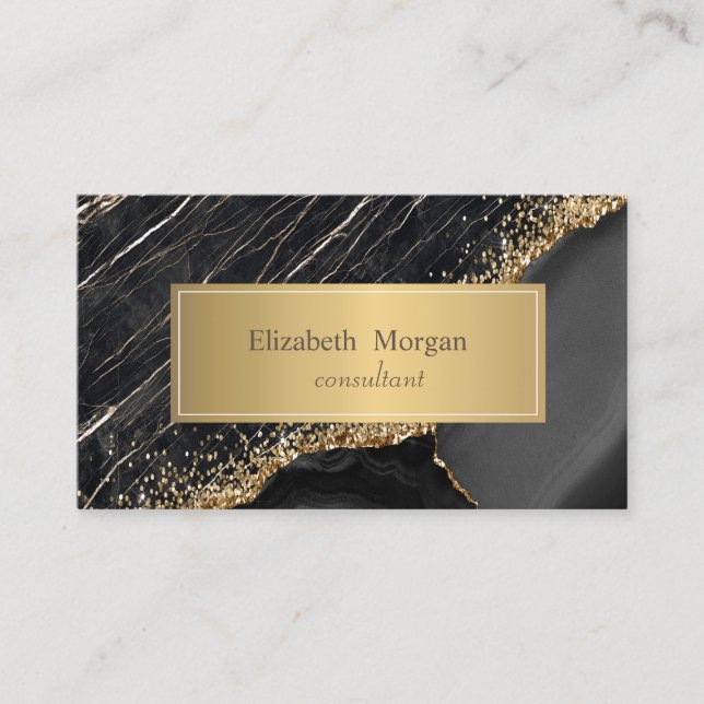 Elegant Modern Svart Marmor Guld Pailletter Visitkort (Framsida)