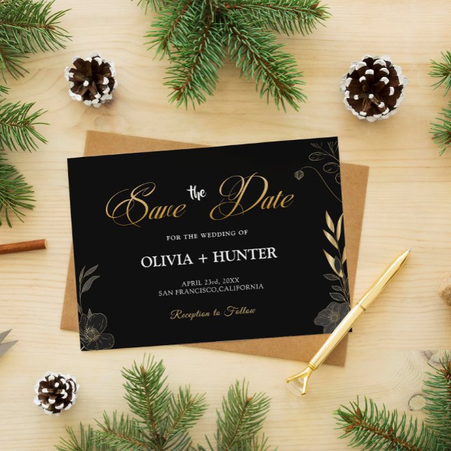 Elegant Modern Svart och Guld Blommigt-meddelande Spara Datumet (Elegant Modern Black and Gold Floral save the date)