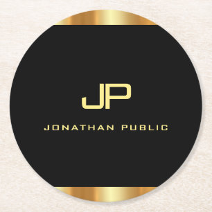 Elegant Modern Svart Och Guld Monogram Mall Underlägg Papper Rund