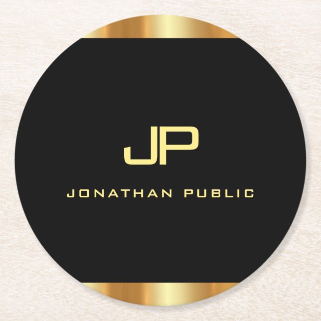 Elegant Modern Svart Och Guld Monogram Mall Underlägg Papper Rund (Framsidan)