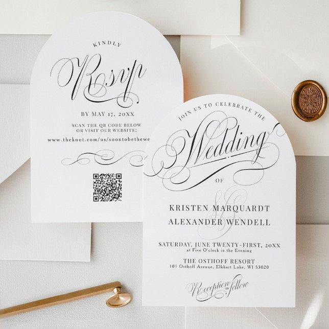 Elegant Modern svart och vit enkel Bröllop Inbjudningar (Elegant simple minimalist script typography classic ivory and black QR code rsvp wedding invitation)