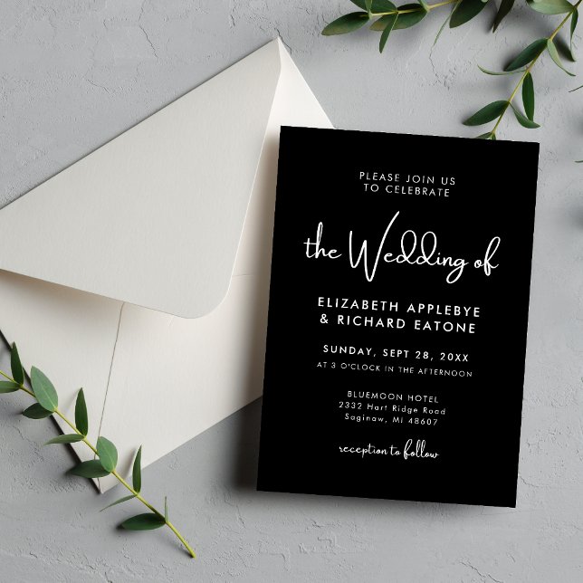 Elegant & Modern Svart och Vitt Bröllop Inbjudningar (Elegant modern black and white wedding invitation sets a refined tone for your special day)