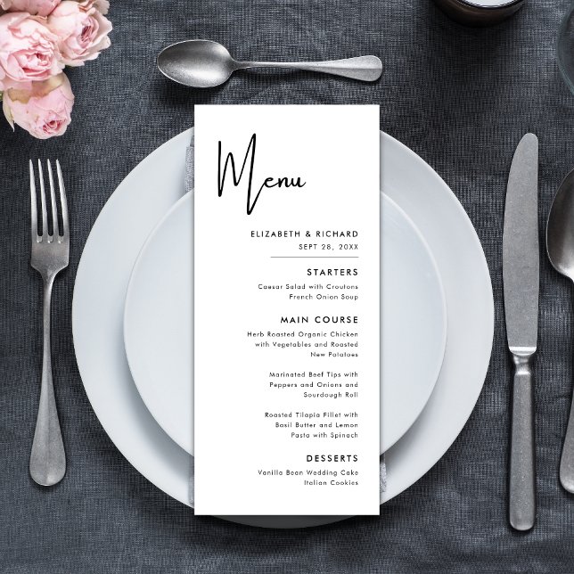 Elegant & Modern Svart och Vitt Bröllop Meny (Elegant modern black and white wedding menu adds style while guiding guests through your meal)