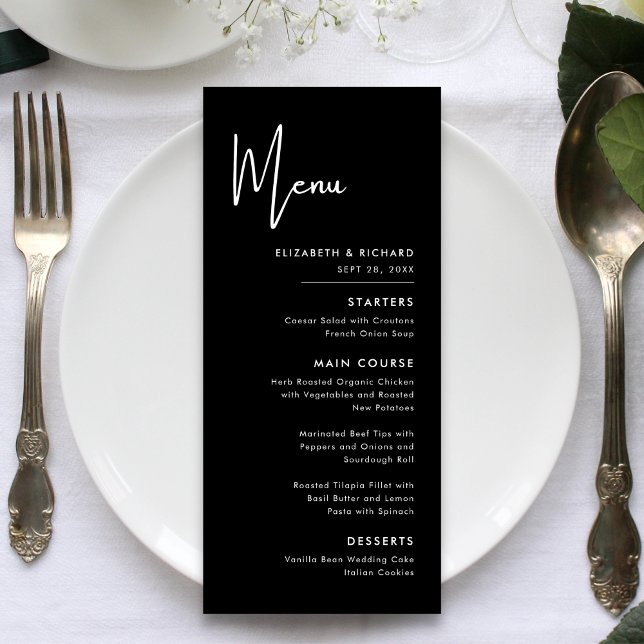 Elegant & Modern Svart och Vitt Bröllop Meny (Elegant modern black and white wedding menu adds timeless style while guiding your meal flow)