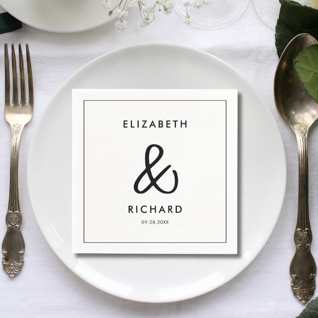 Elegant & Modern Svart och Vitt Bröllop Pappersservett (Elegant modern black and white wedding napkins add style while elevating your table setting)