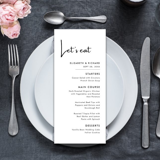 Elegant & Modern Svart och Vitt Låt oss äta Bröllo Meny (Elegant modern black and white lets eat wedding menu adds charm while guiding your meal flow)