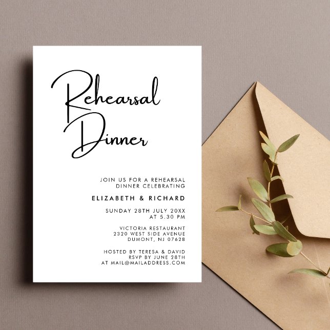 Elegant & Modern Svart och Vitt Reperationsmiddag Inbjudningar (Elegant modern black and white rehearsal dinner invitation sets a refined pre wedding tone)