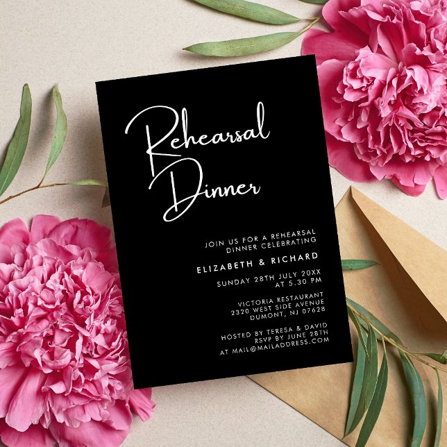 Elegant & Modern Svart och Vitt Reperationsmiddag Inbjudningar (Elegant modern black and white rehearsal dinner invitation sets a refined tone for your event)