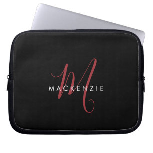 Elegant modern svart röd scriptmonogram laptop fodral