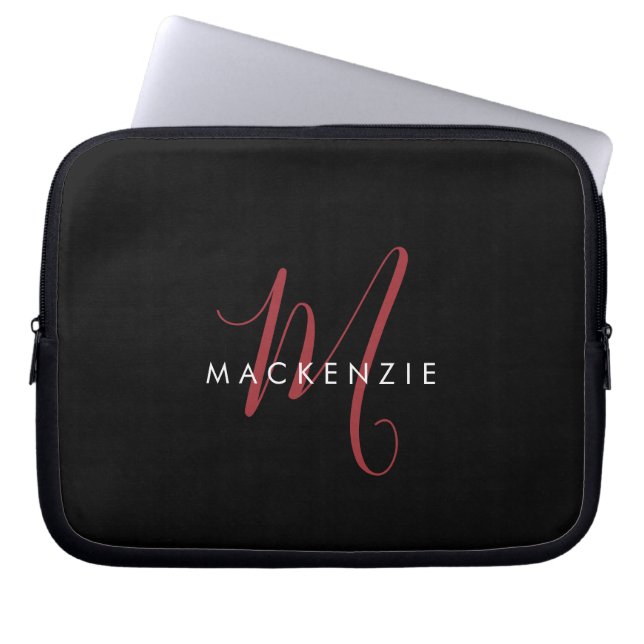 Elegant modern svart röd scriptmonogram laptop fodral (Framsidan)